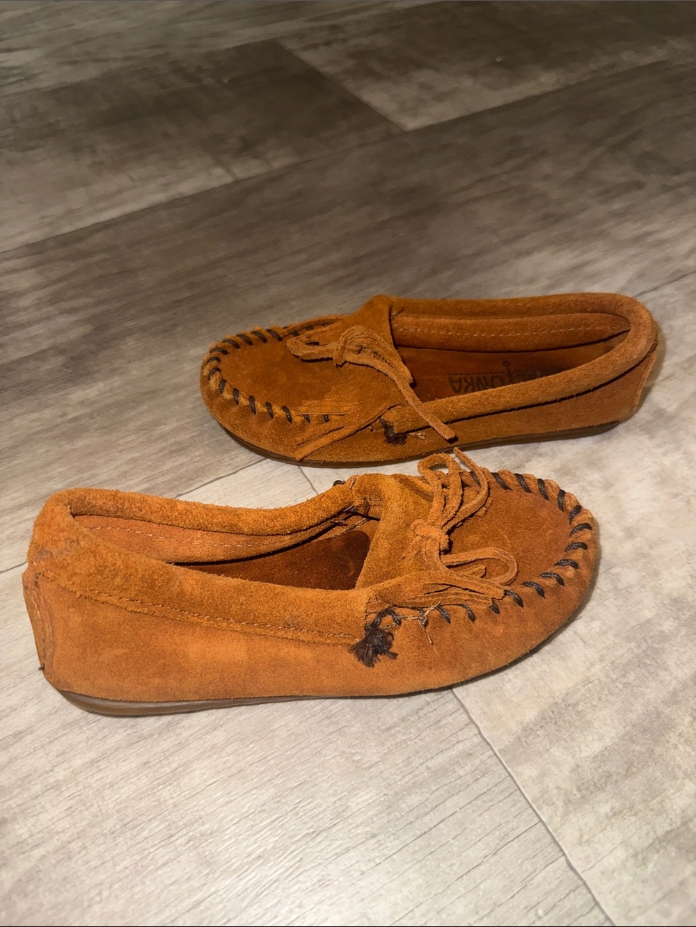 Minnetonka Kids Suede Moccasins in Cognac